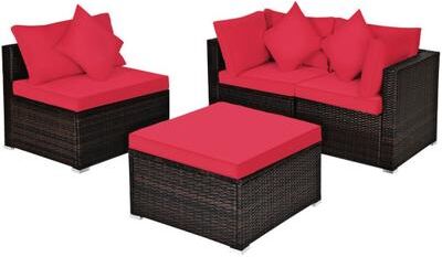 Costway 4 Pcs Ottoman Garden Deck Patio Rattan Wicker Furniture Set Cushioned Sofa-Red