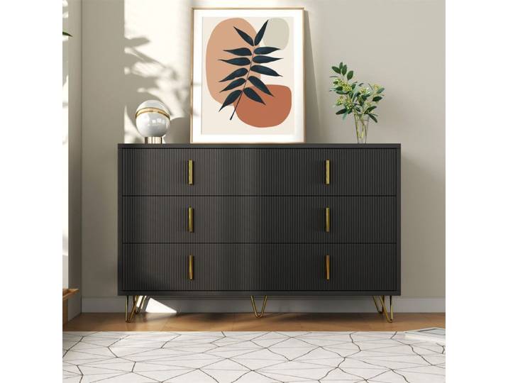 Buffet noir - URBAN MEUBLE - moderne - 6 tiroirs - poignées dorées - design scandinave
