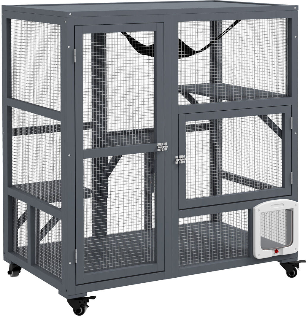PawHut Indoor Catio Wooden Cat Cage House on Wheels with Platforms Hammock Grey 110cm H X 60cm W X 100cm L