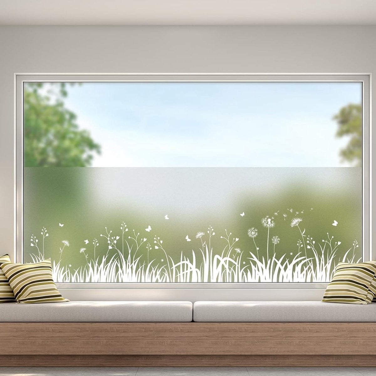 Zonwerende en decoratieve raamfolie met paardenbloemmotief, anti-inkijk en statische hechting, 45 x 200 cm