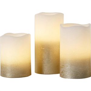 lights4fun LED-Kerze Echtwachs gold, 10-15 x 7,5 cm (HxØ), mit Timer, 3er Set