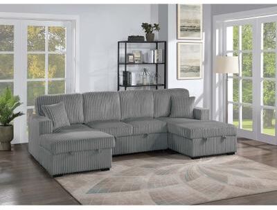 Esofastore U-Shaped Convertible Sectional 3pc Corduroy Upholstered Smoke Finish