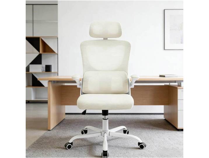 Chaise de bureau ergonomique IVMEU dossier haut appui-tête accoudoirs relevables maille respirante beige