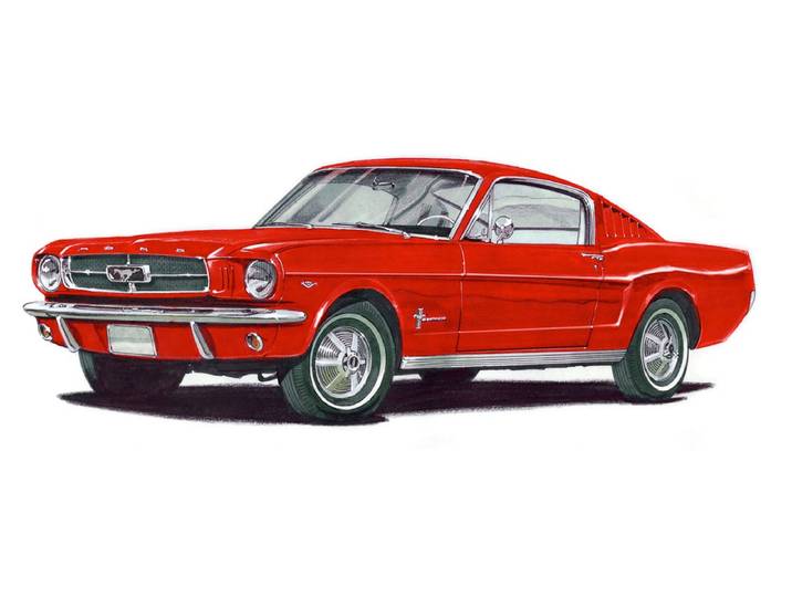 Fototapete PAPERMOON MUSTANG FASTBACK 1965-VINTAGE AUTO ILLUSTRATION RETRO , bunt, B:4m L:2,6m, Vlies, Tapeten, Fototapete