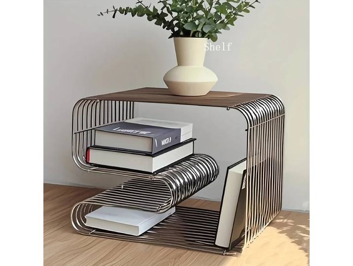 Table carrée en métal à bords argentés, étagère à motifs géométriques, porte-revues, étagère murale de rangement pour salon
