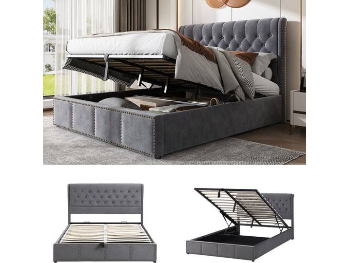 Lit coffre - MODERNLUXE - 140x200cm - Tissu velours - Gris - 2 places