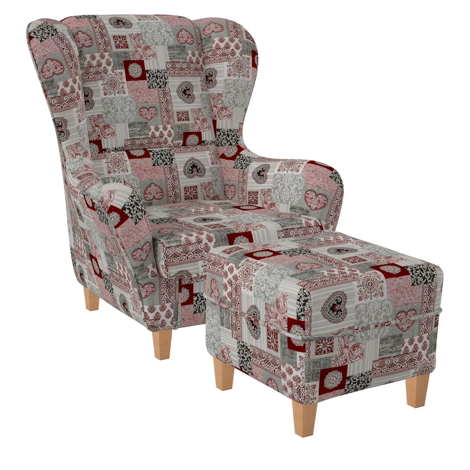 Supellex Sofia Ohrensessel mit Hocker Design Patchwork Ornamente, Herz Rot