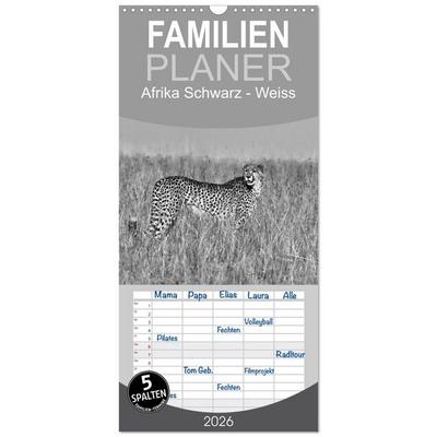 Familienplaner 2026 - Afrika Schwarz - Weiss mit 5 Spalten (Wandkalender, 21 x 45 cm) CALVENDO