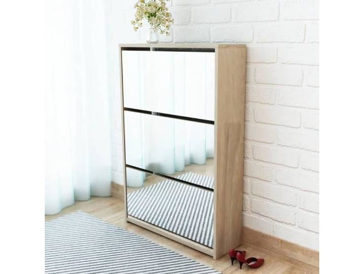 Meuble à chaussures - Chêne - 3 étagères - Miroir - 3 tiroirs - 12 paires de chaussures