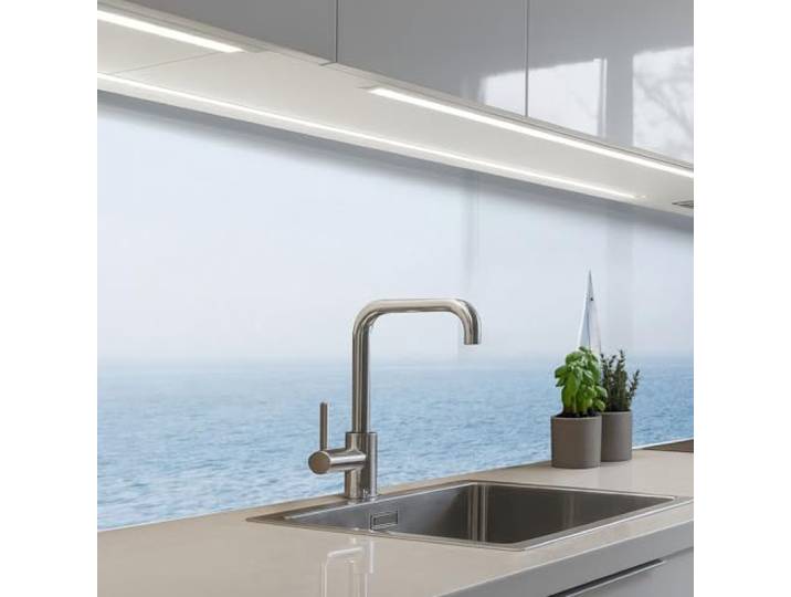 KitchenYeah© Spritzschutz Küche Küchen Rückwand Küchendeko Wand Wandschutz 60x300 cm - Selbstklebend Backsplash Kitchen Peel And Stick Horizont - Segelboot - Meer