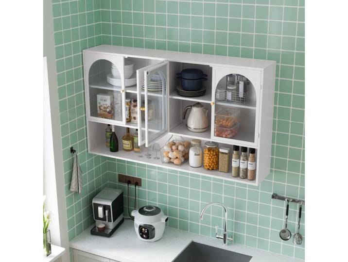 VUENOR Meuble haut mural 120 x 23 x 70 cm blanc et verre gris – 4 portes vitrées rangement vertical
