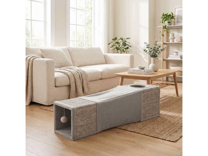 PawHut Tunnel Chat Sisal Gris 98x30x30cm avec Balle Suspendue