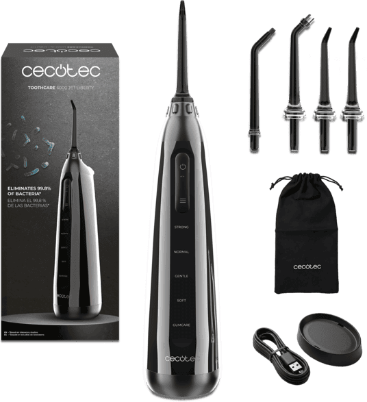 Irrigador - Cecotec ToothCare 6000 Jet Liberty, 180 ml, 5 modos, 30-80 PSI, IPX7, Autonomía hasta 30 días, Negro