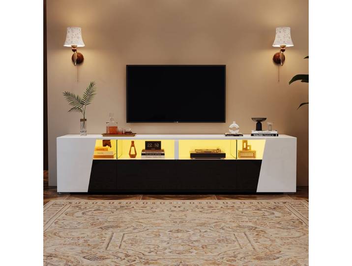 Meuble TV Bas Moderne 180 cm Blanc et Noir avec LED Meuble TV Design Laqué avec Rangements pour Salon