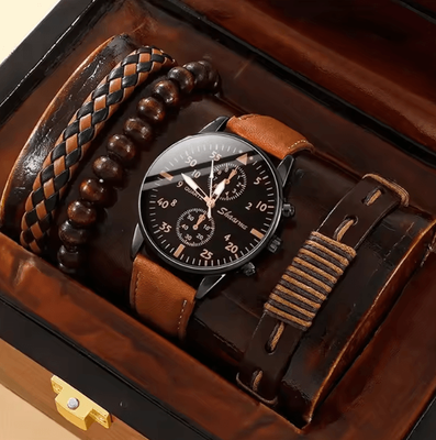 Inspire Curations 5PCS Mens Quartz Watch And Bracelet Set Leather Strap Business Casual Fashion Wristwatch Gift Set brown