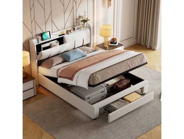 Lit Double Rembourré 160x200 Lit Capitonné avce USB et LED Lit Coffre avce Tiroir de Rangement Velours Beige sans Matelas