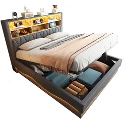 Polsterbett 180x200 cm mit hydraulischem Stauraum, LED-Beleuchtung & USB-Anschluss – Leinenbezug in Grau