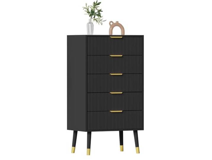 GarveeMore Kommode 5 Schubladen Spanplatte Goldfüße schwarz Kommode mit 5 Schubladen aus Spanplatte – schwarzer Schubladenschrank mit goldenen Füßen, vielseitig einsetzbar.