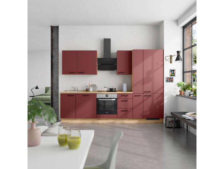 Küchenleerblock, Rot & Eiche, 300 cm, Metall, Soft-Close-System, Nobilia