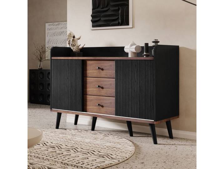 Buffet bas 117.5x40x80 cm avec trois tiroirs Buffet salon moderne en bois avec étagères de rangement Buffet de cuisine en noir