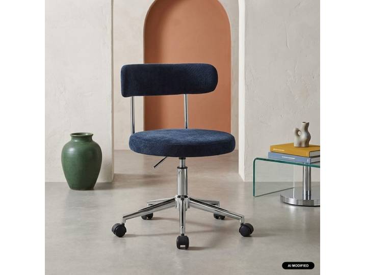 Chaise de bureau vintage à roulettes tissu bleu