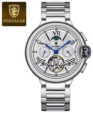 Inspired Finds POEDAGAR Hollow Tourbillon Automatic Mechanical Watch For Men Luxury Stainless Steel Waterproof Wristwatch silver Green S