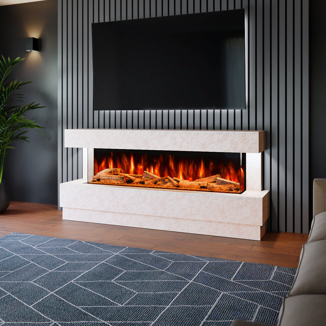 Evolution Fires Raphael Freestanding Electric Fireplace Suite   Textured Stone Effect   1500mm 3-Sided Led Electric Fire with Panoramic Flame   Remote & App Control   Pearl 88cm H X 195cm W X 41cm D