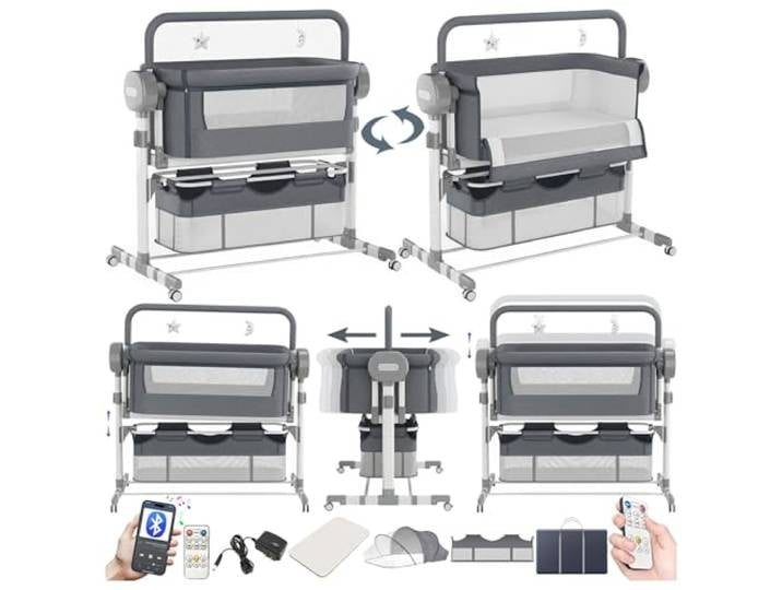 Magic ZC Elektrische Bluetooth Intelligent Beistellbett Baby mit Rollen, Convertible Faltbar Co-Sleeping Babybett, Fernbedienung, 5-schwankende Zahnräder, Stubenwagen Wiege mit Musik (608 Grey)