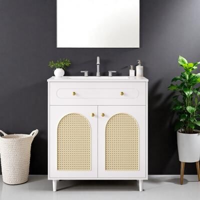 ZWYO HOSIMU "30"" Solid Wood Bathroom Vanity with Ceramic Sink, Rattan Front, Tip-Out Drawer and Adjustable Shelf"