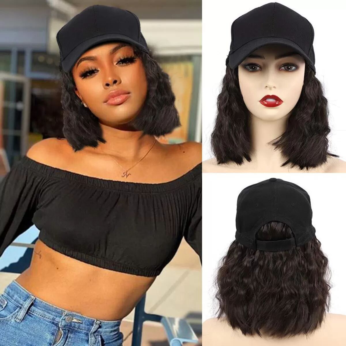 INF Perruque casquette volumisante synthétique haute température avec visière intégrée, légère et respirante Noir + Marron