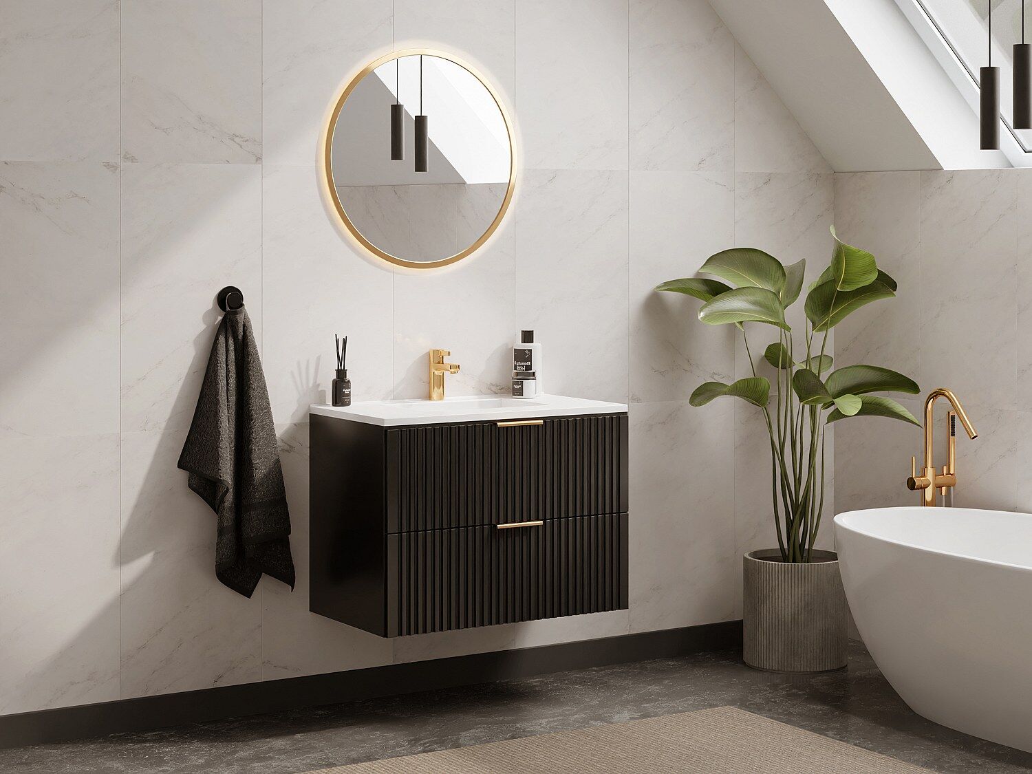 Unique Mueble suspendido de baño con lavabo encastrado - Negro - 80 cm - ZEVARA