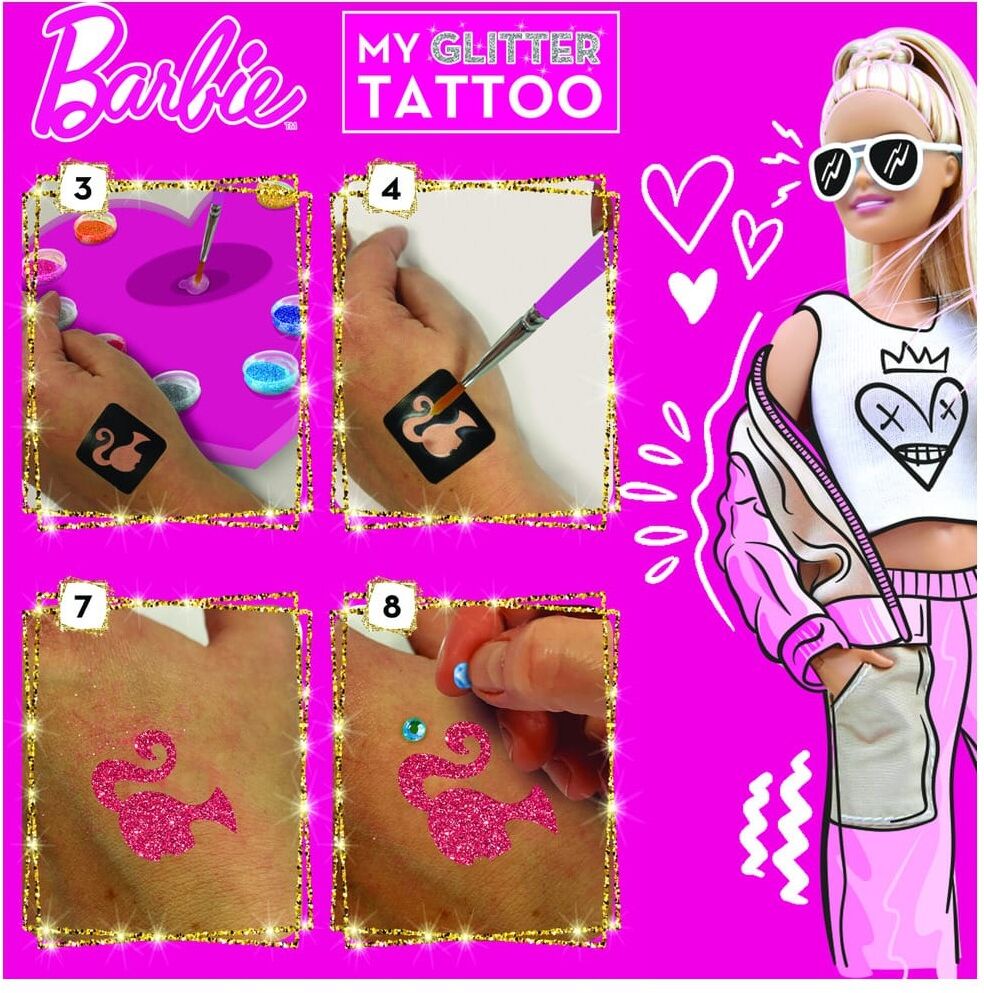 Lisciani Barbie My Glitter Tattoo - Safe And Tested Glitter Tattoos With Barbie Icon Designs And Adhesive Gems For Kids