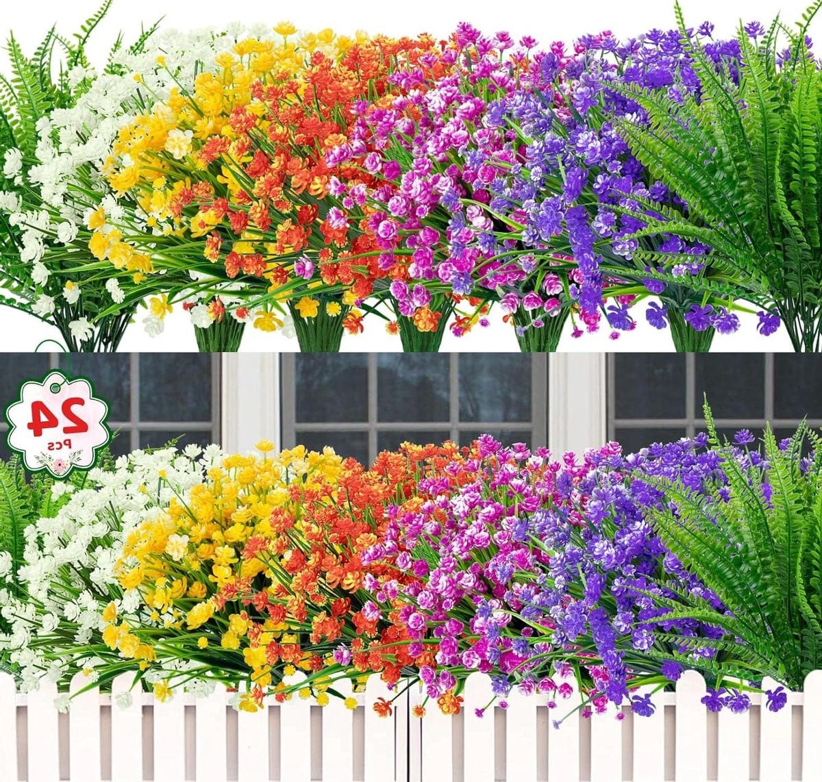 Set van 24 weerbestendige kunstbloemen boeketten voor buiten decoratie in samengestelde kleuren