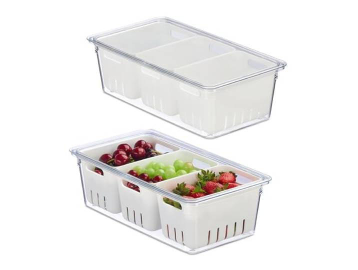 Relaxdays Organiseur de frigo\, lot 2\, 3x corbeilles\, pour vos aliments\, avec couvercle\, transparent et blanc