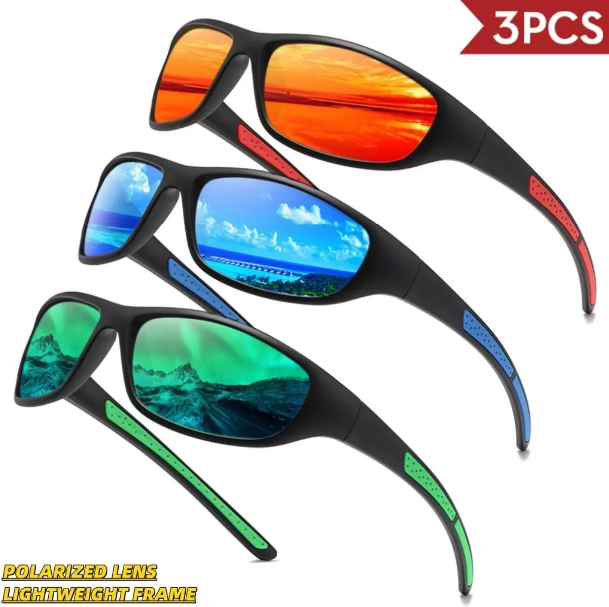 INF Polarisierte Sport-Sonnenbrillen 3er-Set (Schwarzer Rahmen, Blaue/Rote/Grüne TAC-Gläser) – Vollrand mit Federbügel für
