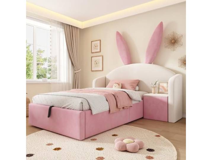 BXEYXE Jugendbett 90x200 cm Polsterbett Hydraulischer Stauraum, Bett mit Nachttisch & Hasenohren-Design, Samt, Beige & Rosa (Ohne Matratze)
