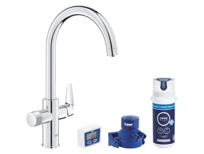 GROHE Blue Pure StartCurve\, Kit de démarrage Eau Filtrée\, Robinet de Cuisine avec Système de Filtration et Filtre Charbon Compact\, Chromé\, 30593000