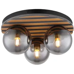 Deckenleuchte Deckenlampe Glas rauchfarben Holzoptik Wohnzimmerlampe 3 flammig, Metall Glas, 3x E27 Fassungen, DxH 39x20 cm