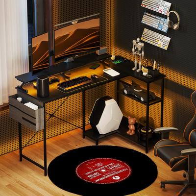 "HOMCOM 58"" Reversible L Shaped Desk with Monitor Stand, Corner Computer Desk with Power Outlets and LED Lights"