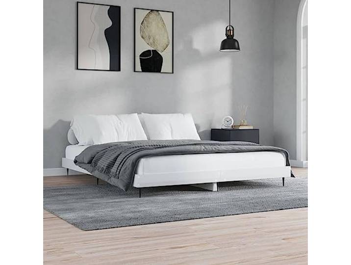 RJPLMFV Bettgestell, glänzend, 120 x 200 cm, Weiß Robuste Metallfüße, Sperrholzlatten inklusive, feuchtigkeitsbeständiges Holz
