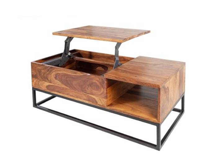 Couchtisch MAKASSAR FUNCTION 110cm - schwarz natur - Sheeshamholz Massiv, Stauraum, hochwertig, individuelle Maserung, robust, höhenverstellbare Füße, Ablagefach, Metallgestell