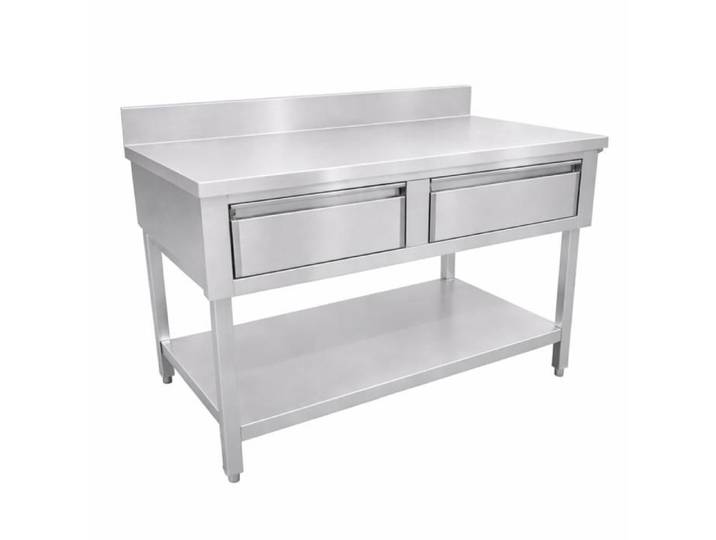 Table inox adossée 1000 x 600 mm avec 2 tiroirs - étagère basse - pieds réglables - acier inox AISI 201