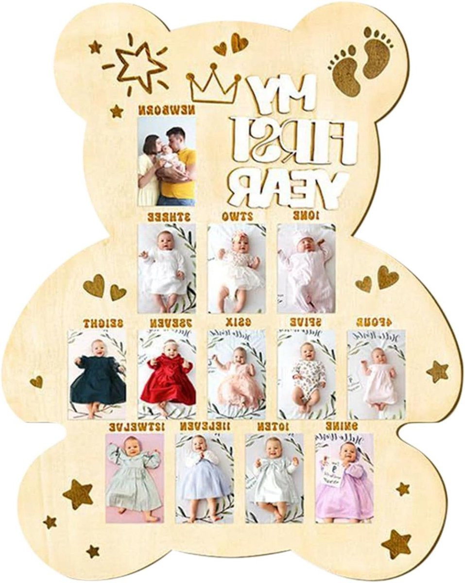 Fotobord Baby Eerste Jaar Groeimeter Fotolijst voor Kinderen met Beer en Fles Ontwerp
