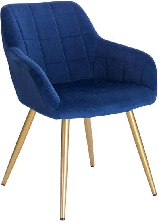 Luxe moderne eetkamerstoel met blauwe velvet bekleding en gouden metalen poten