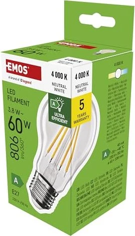 EMOS Filament A60 A CLASS / E27 / 3,8 W (60 W) / 806 lm / neutralweiß, 3 Stück, 3 Stk