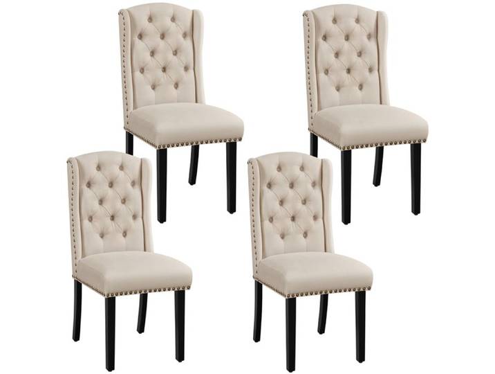 Yaheetech Lot de 4 Chaises de Salle à Manger en Tissu Éponge Design Classique Boutonné avec Pieds en Bois Massif Beige