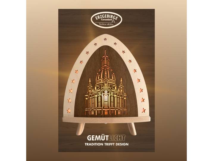 LED Dekolicht WEIGLA Dresdner Frauenkirche, Dekolampe aus Holz, NATUR-BRAUN , braun (natur, braun), B:30cm H:32cm T:6cm, Leuchten, LED Dekolicht, Holzkunst aus dem Erzgebirge