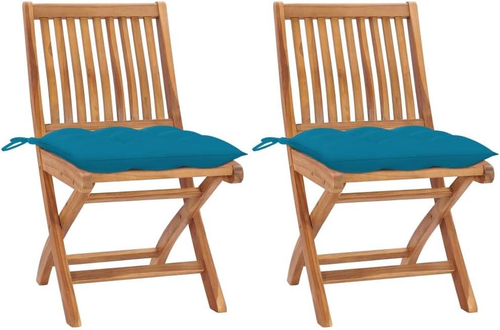 2 klappbare Gartenstühle aus Teakholz mit hellblauen Kissen, ergonomischem Design, Witterungsbeständigkeit und einer Belastbarkeit von 110 kg