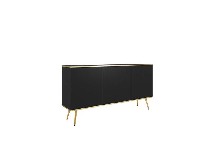 Ravio Kommode Forno (Schwarz, Goldene Details, 3 Türen, goldene Metallfüße), Schwarz, Goldfarben, Eiche, Rechteckig, 160x85x39 cm, Kleinmöbel, Kommoden, Sideboards