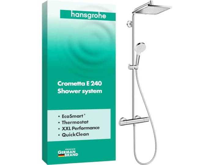 hansgrohe Crometta E - Colonne de douche économie d'eau (EcoSmart) avec mitigeur thermostatique\, douche pluie (240 x 240mm)\, douchette\, support\, flexible\, barre et douche de tête\, Chromé\, 27281000